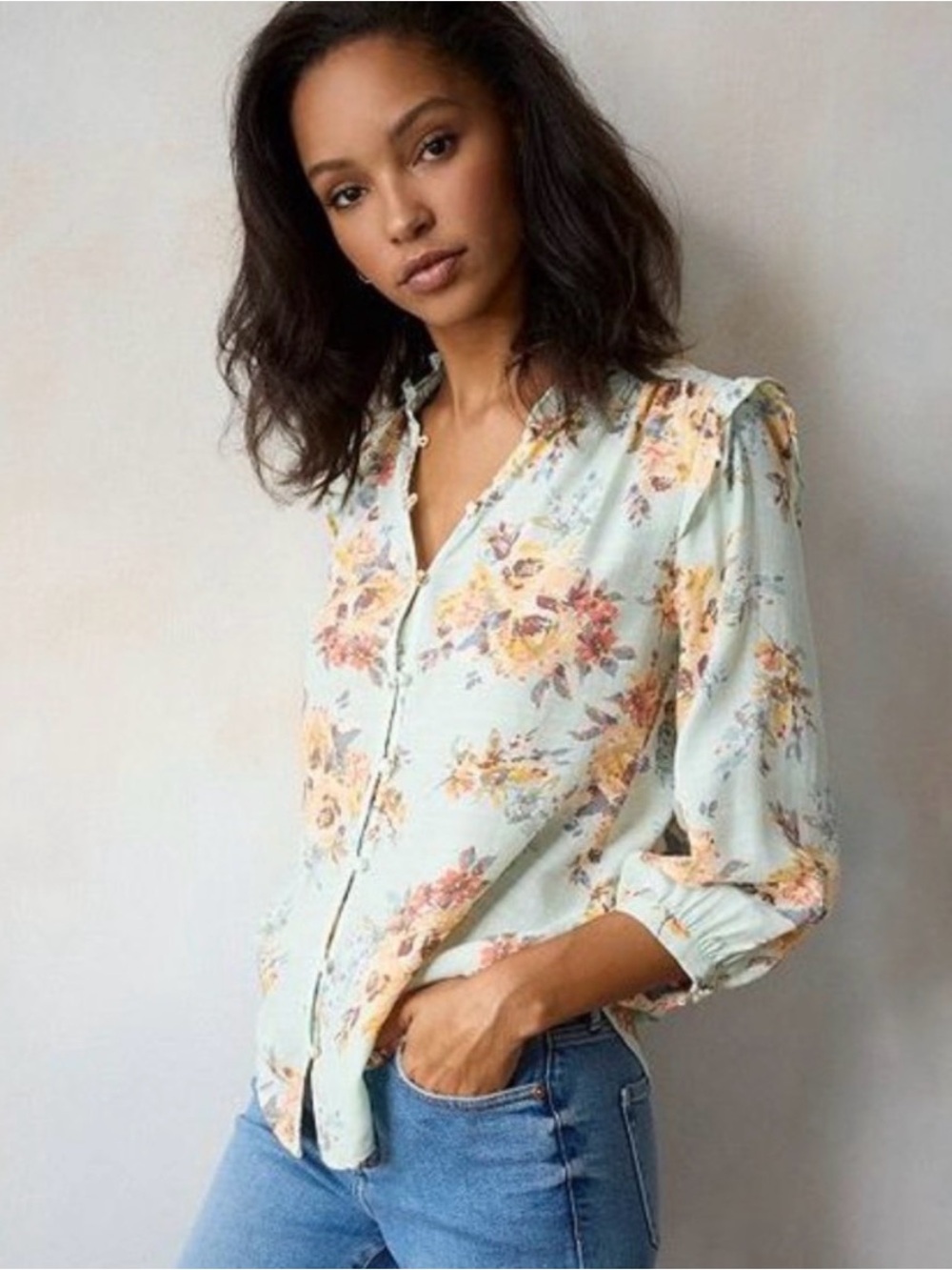 LC Lauren Conrad Mint Floral Button-Front Blouse XXL